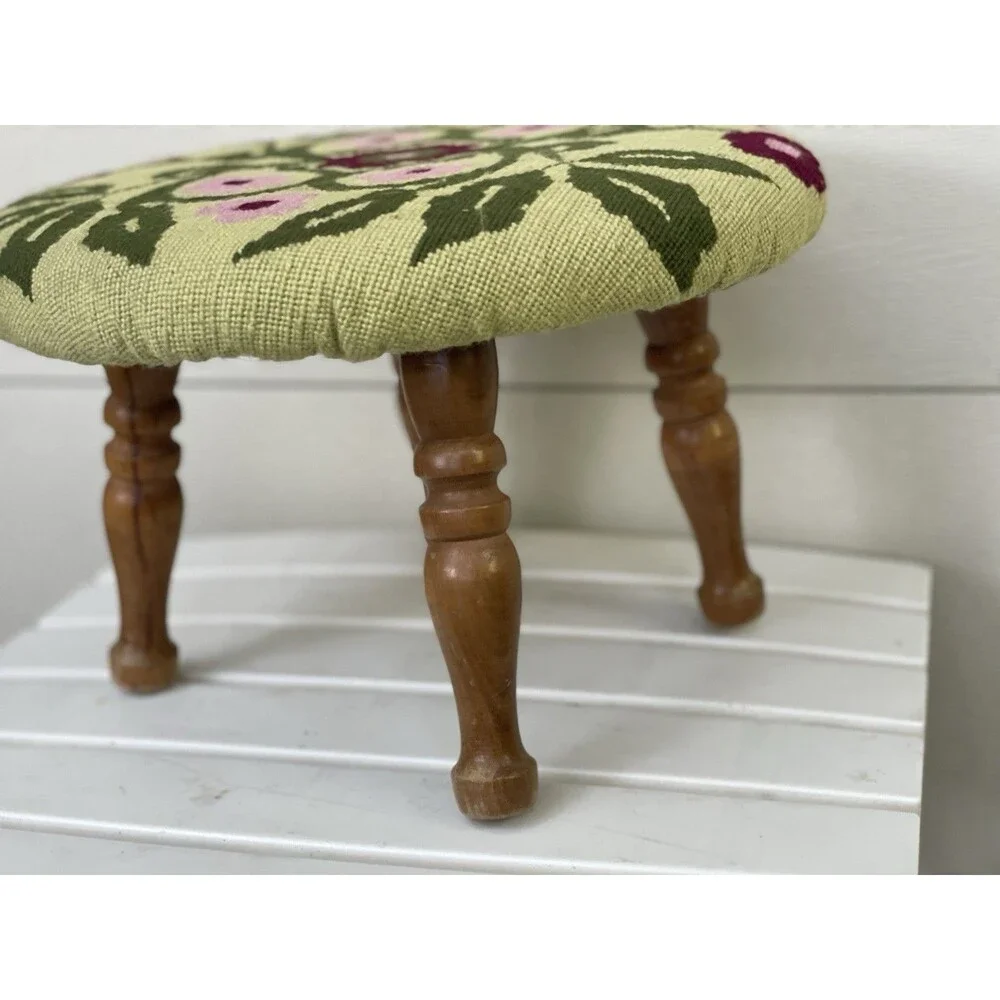 Vintage Floral Needlepoint Footstool Round Boho Cottagecore Wood Leg Ottoman